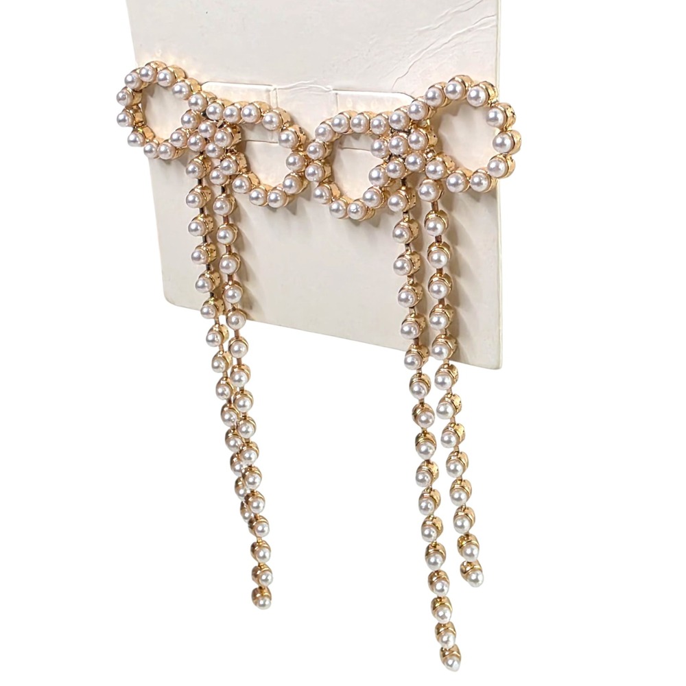Open Edit Nickel‎ Free Bow Pearl Dangle Earrings Gold Tone Nordstrom - Picture 2 of 3